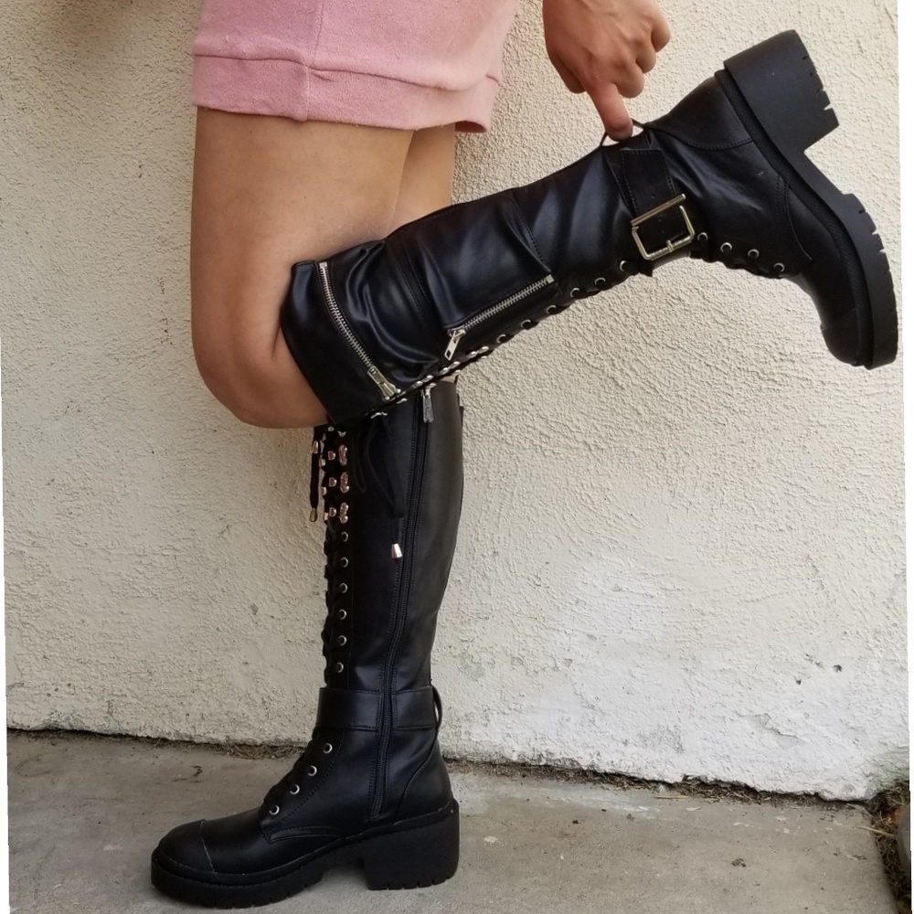 CHUNKY PLATFORM KNEE HIGH  CALF FAUX LEATHER BOOTS - Picture 8 of 8